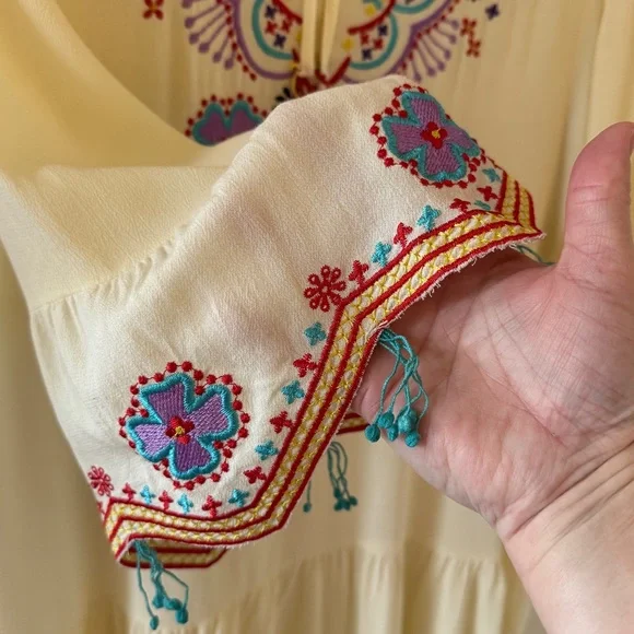 Boho Embroidered Peasant Dress Cream Fringe Festival Tunic Midi S - Picture 4 of 14